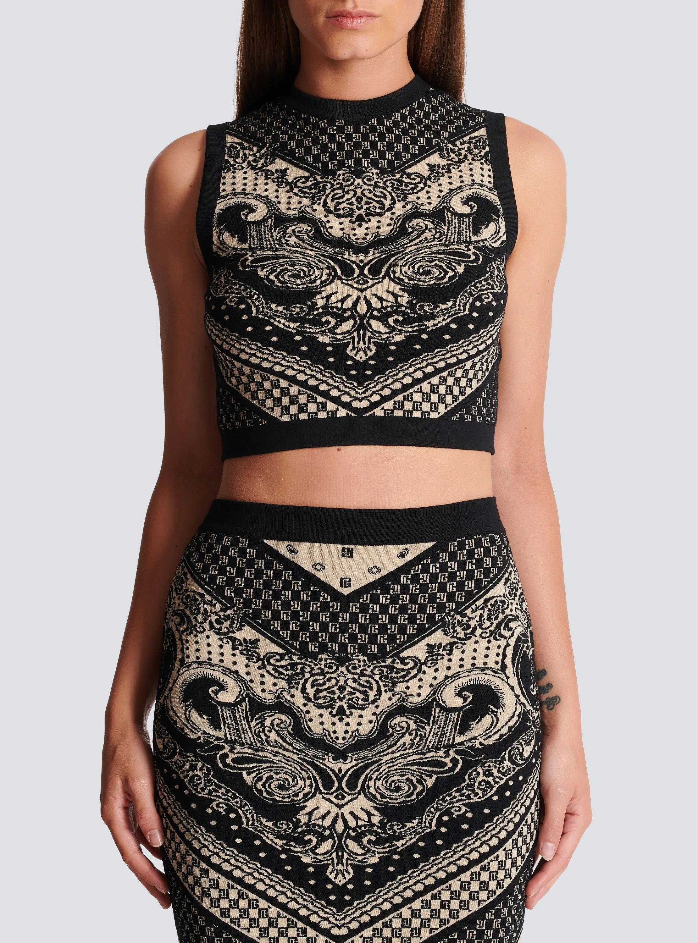 BALMAIN  Débardeur en maille monogramme et paisley - Noir