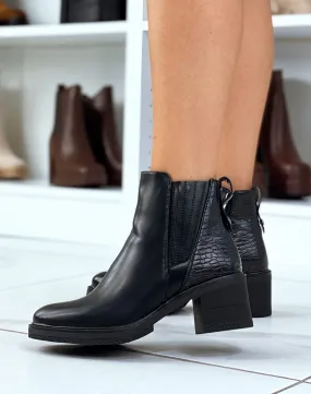 Bottines bi-matière noires effet croco à élastique séparé