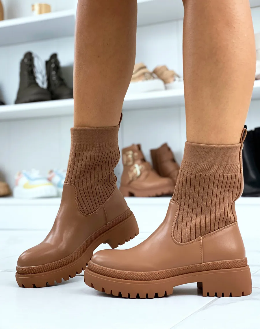 Bottines camel mi-similicuir mi-chaussette