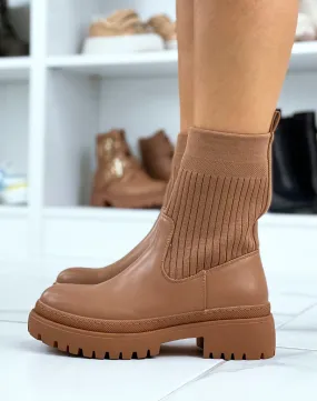 Bottines camel mi-similicuir mi-chaussette