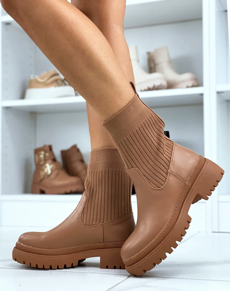 Bottines camel mi-similicuir mi-chaussette