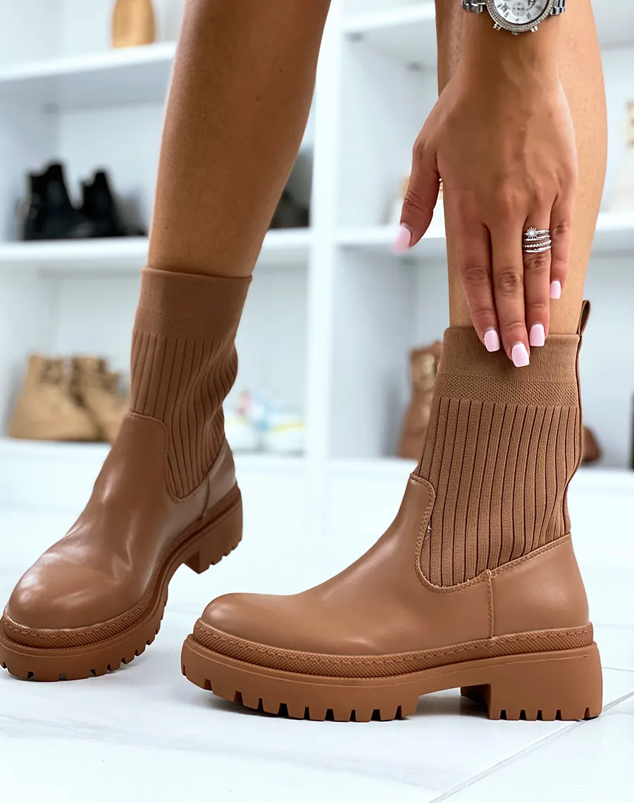 Bottines camel mi-similicuir mi-chaussette