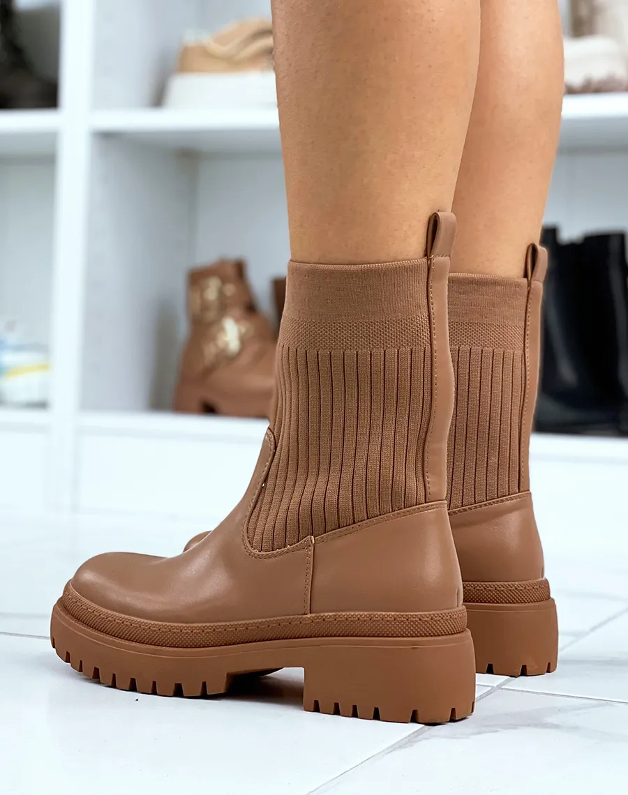 Bottines camel mi-similicuir mi-chaussette