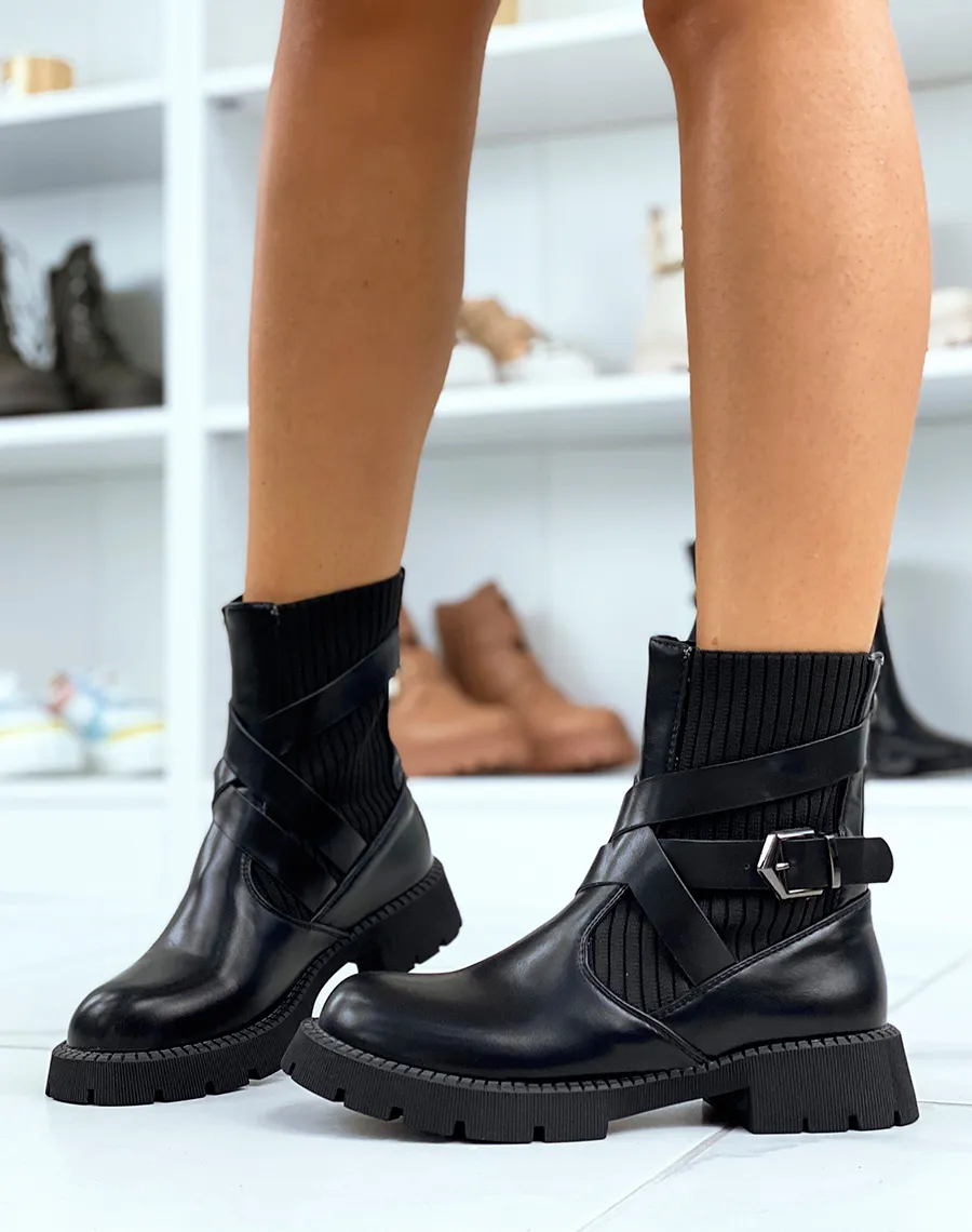 Bottines chaussette noires à multiples sangles et semelle talonnée