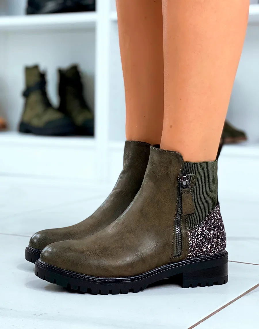 Bottines femme kaki avec détail paillette