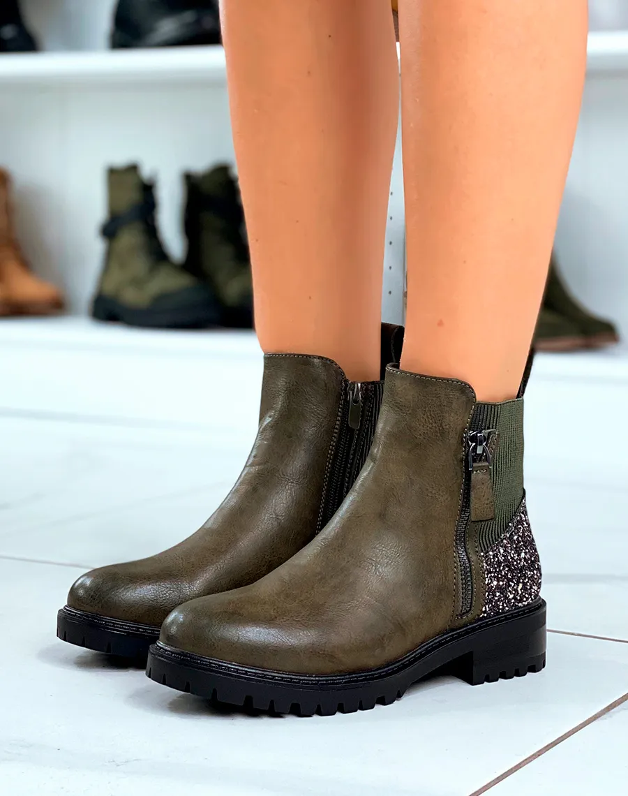 Bottines femme kaki avec détail paillette