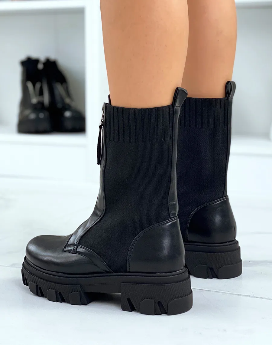 Bottines noires bi-matière effet chaussette zipées