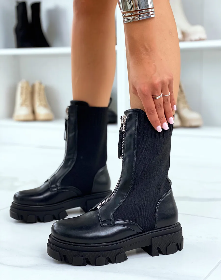 Bottines noires bi-matière effet chaussette zipées