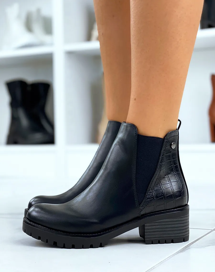 Bottines noires bi-matières effet croco et élastique échancré