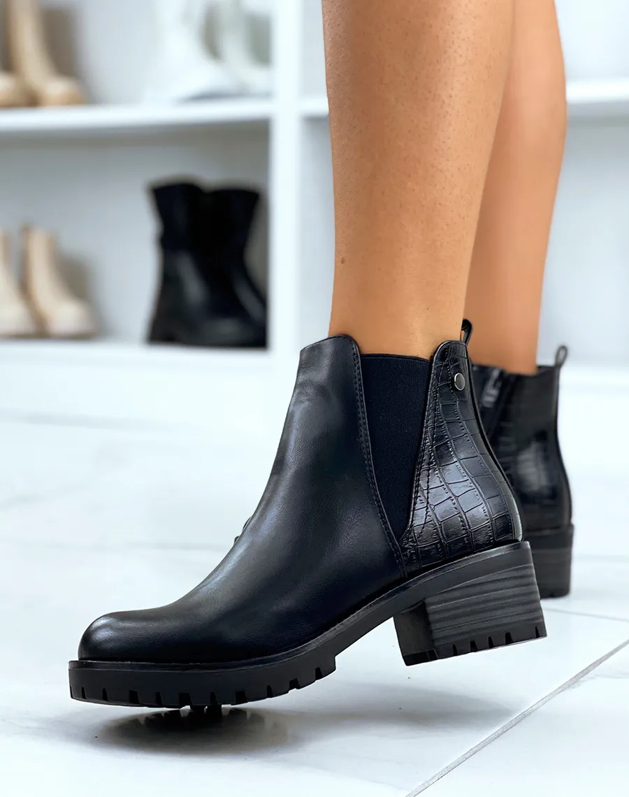 Bottines noires bi-matières effet croco et élastique échancré