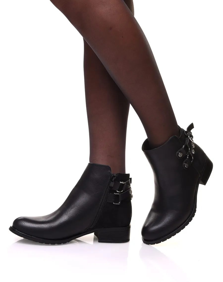 Bottines noires bi matières à sangle cloutée