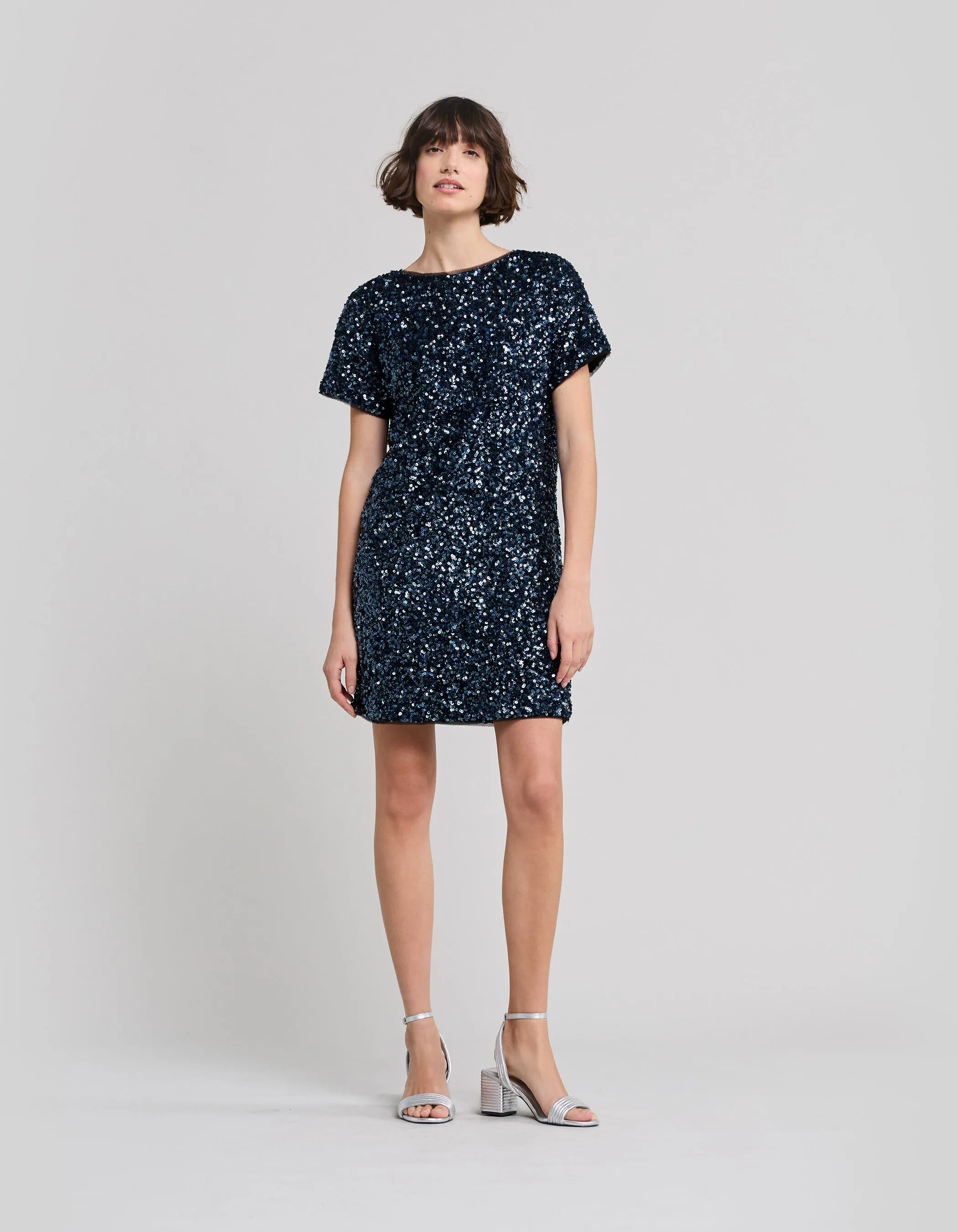 Robe bleue brodée sequins réversible Femme