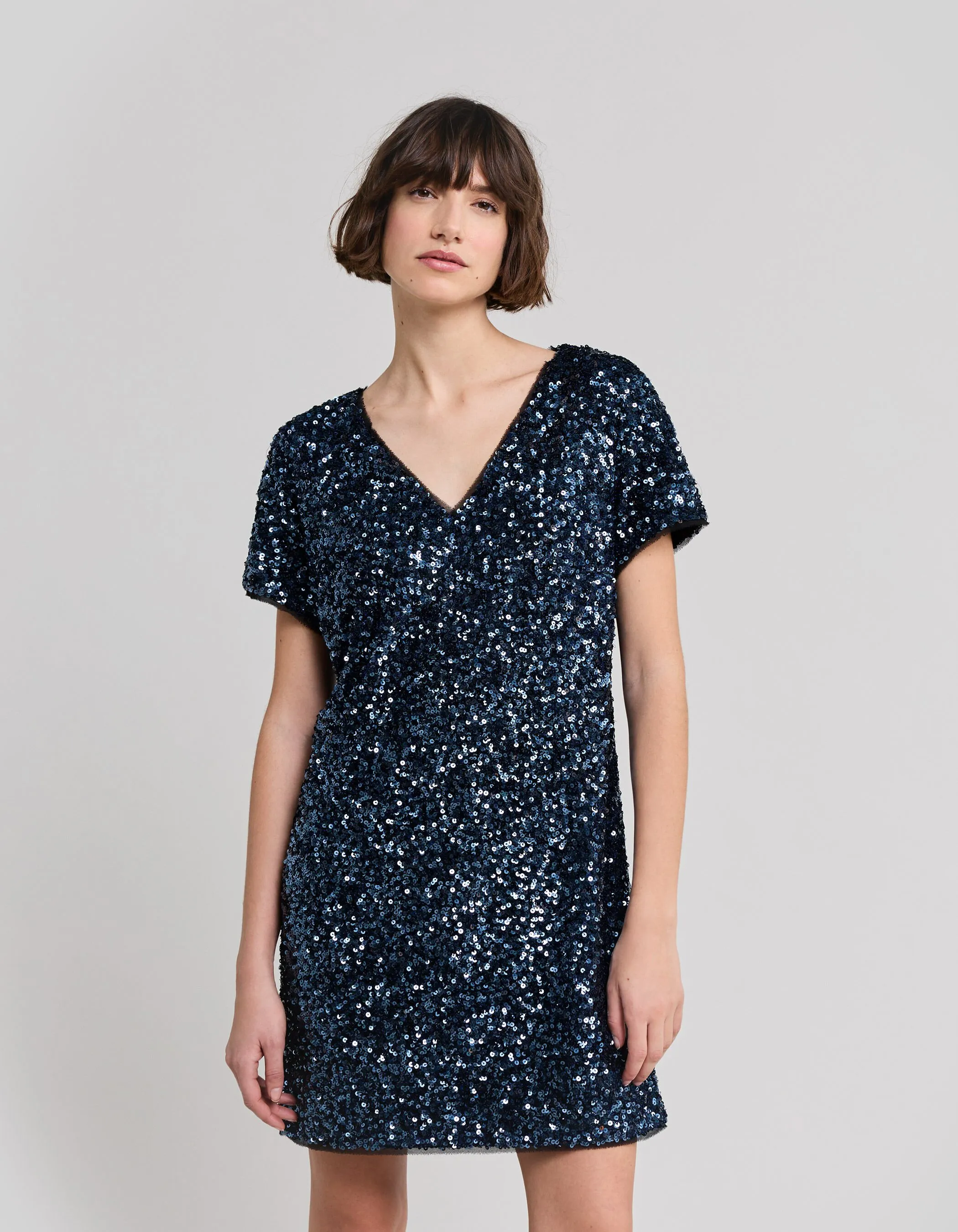 Robe bleue brodée sequins réversible Femme