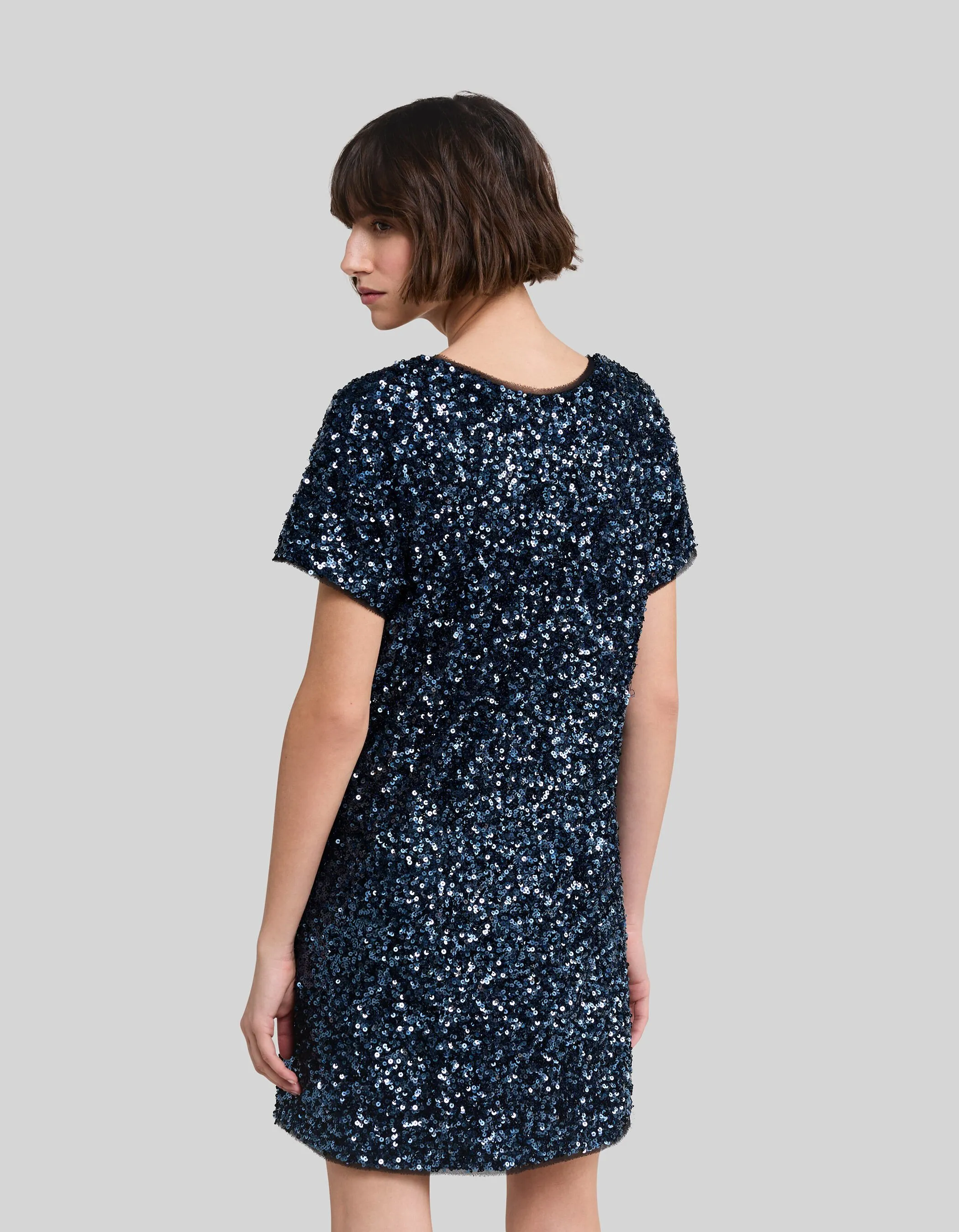 Robe bleue brodée sequins réversible Femme