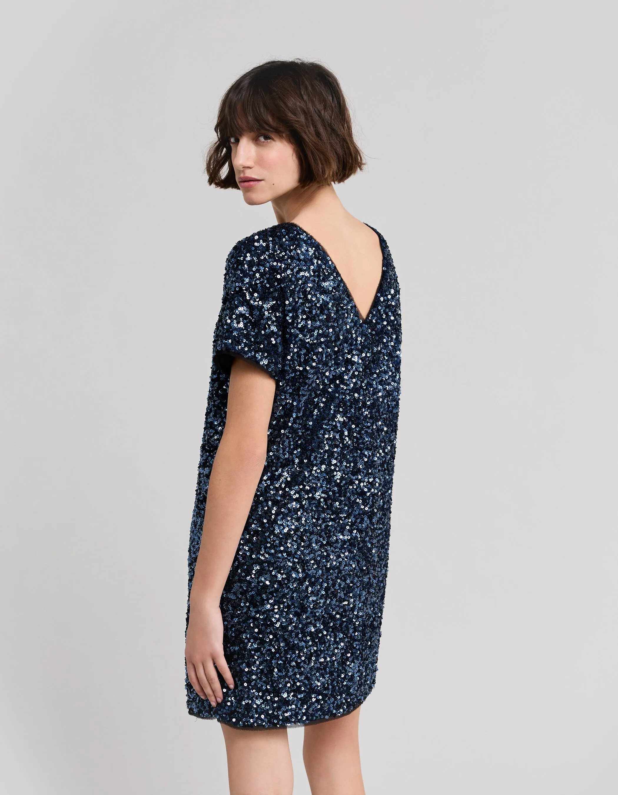 Robe bleue brodée sequins réversible Femme