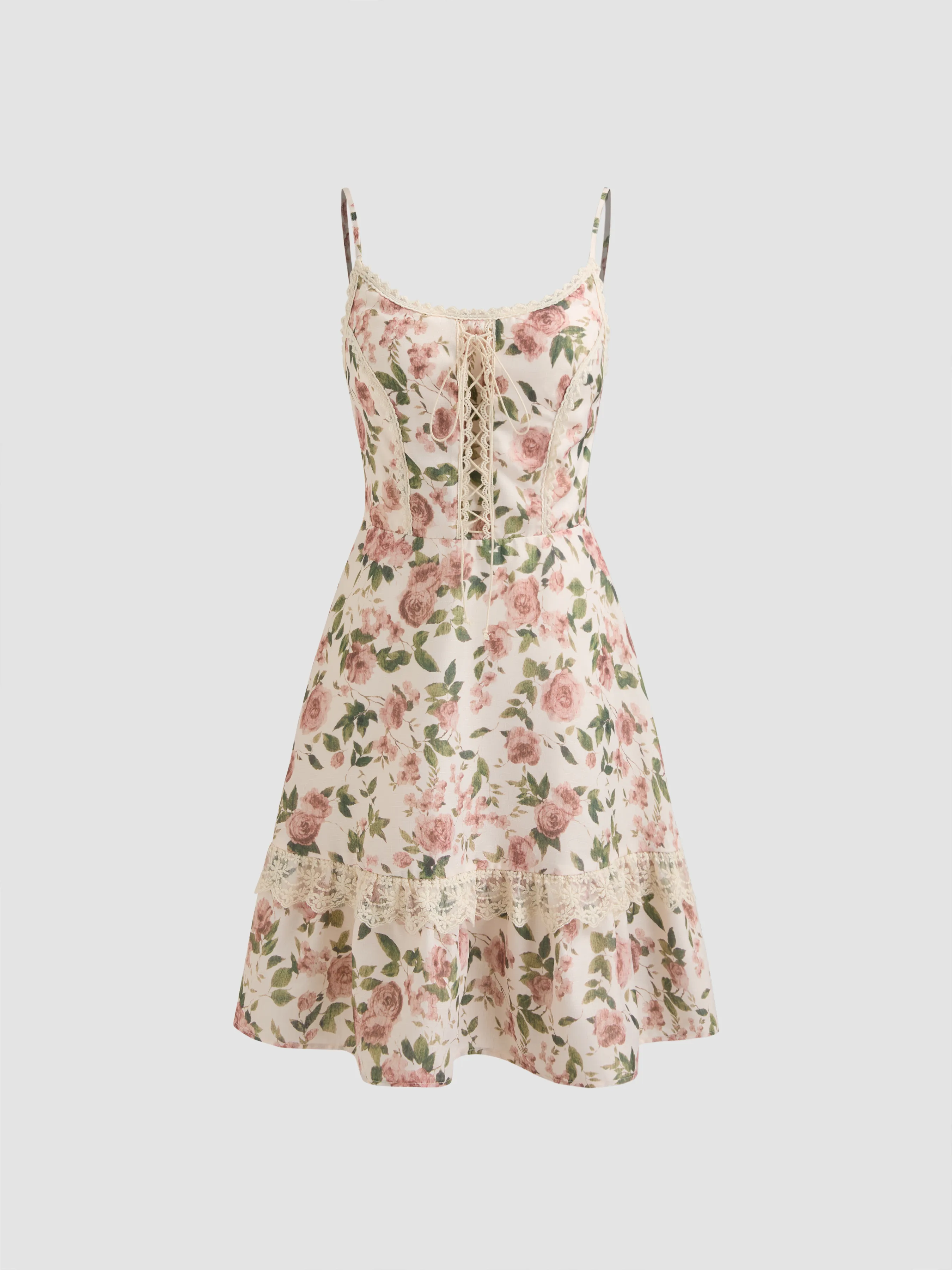  Robe courte à fleurs à encolure carrée et laçage