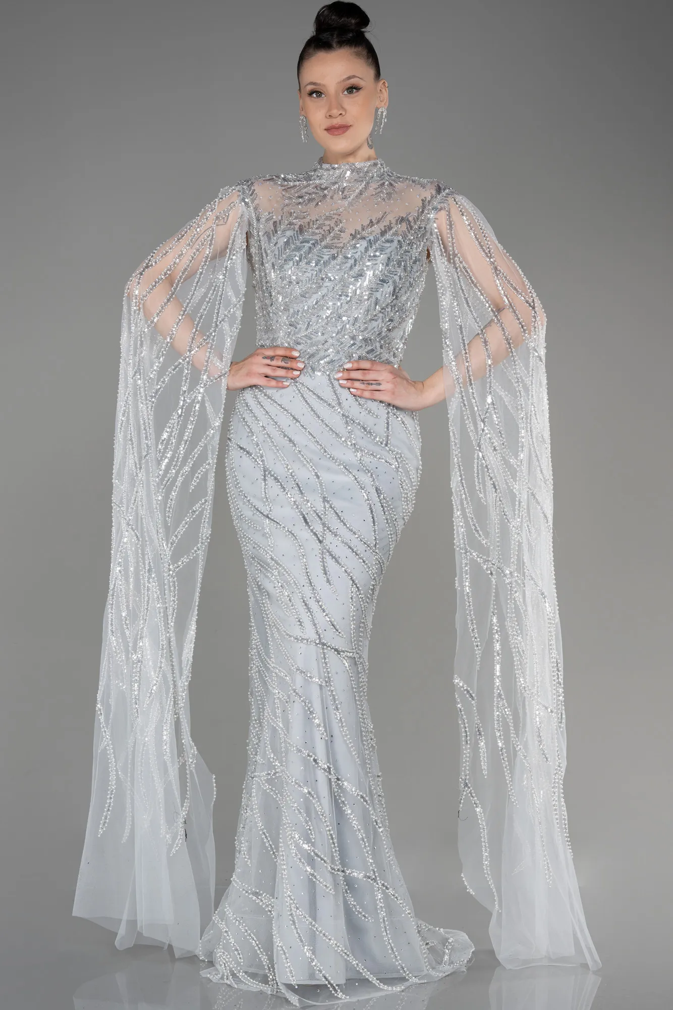 Robe de Fiançailles Design Personnalisé Longue Gris ABU3797