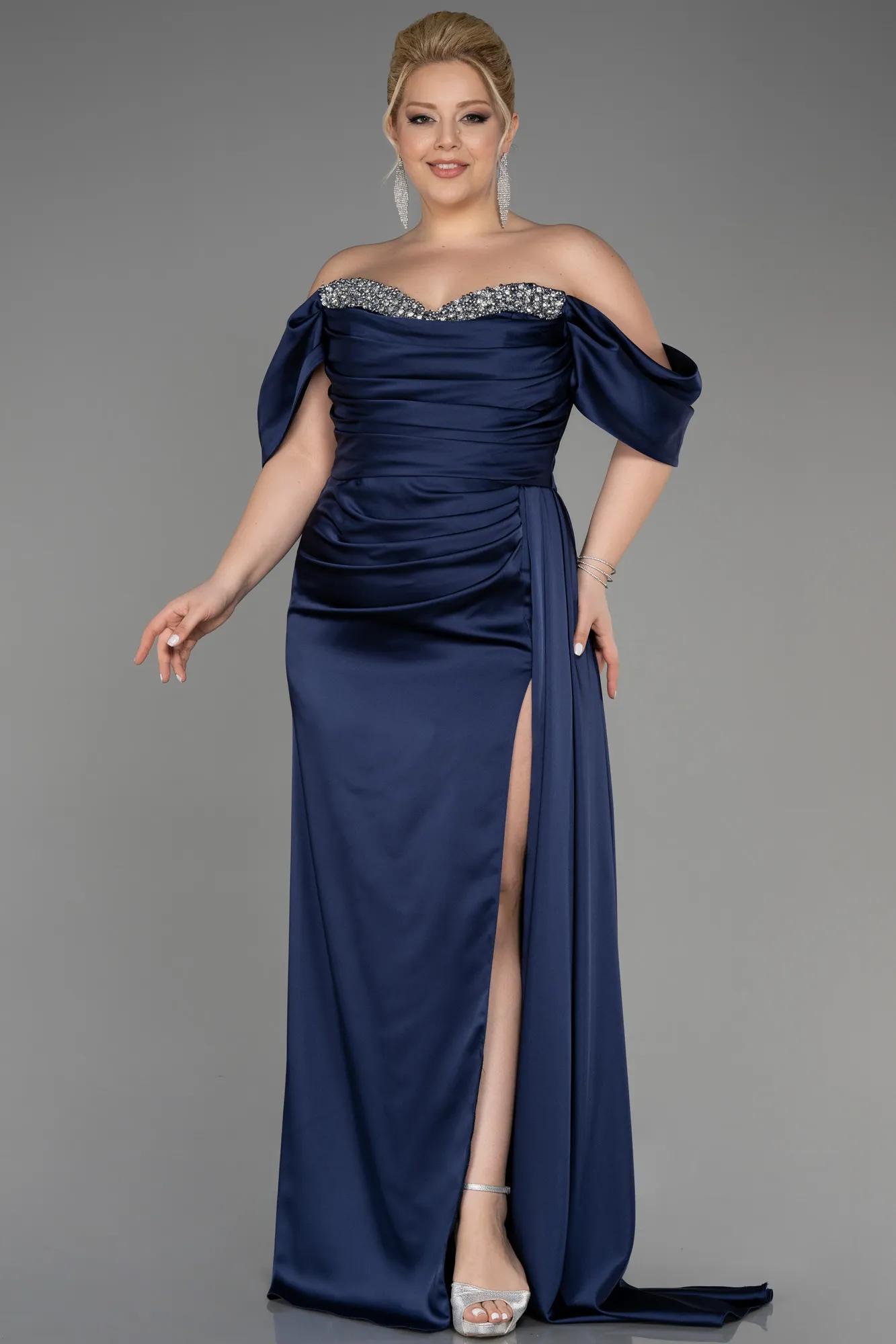 Robe De Fiançailles Grande Taille Longue Satin Indigo ABU3655