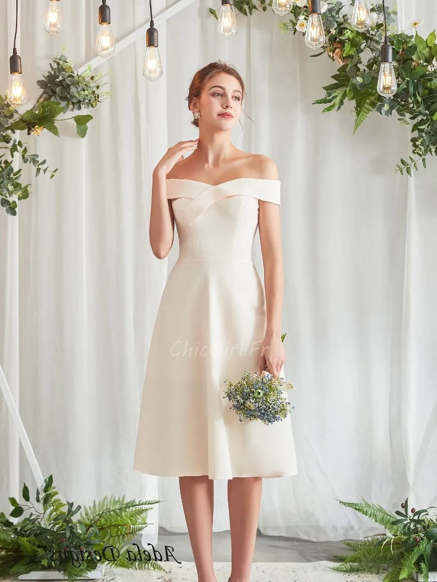 Robe De Mariée Civile Courte Crème Col Bardot Simple