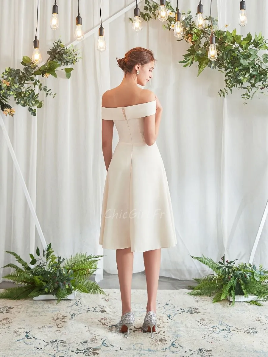 Robe De Mariée Civile Courte Crème Col Bardot Simple