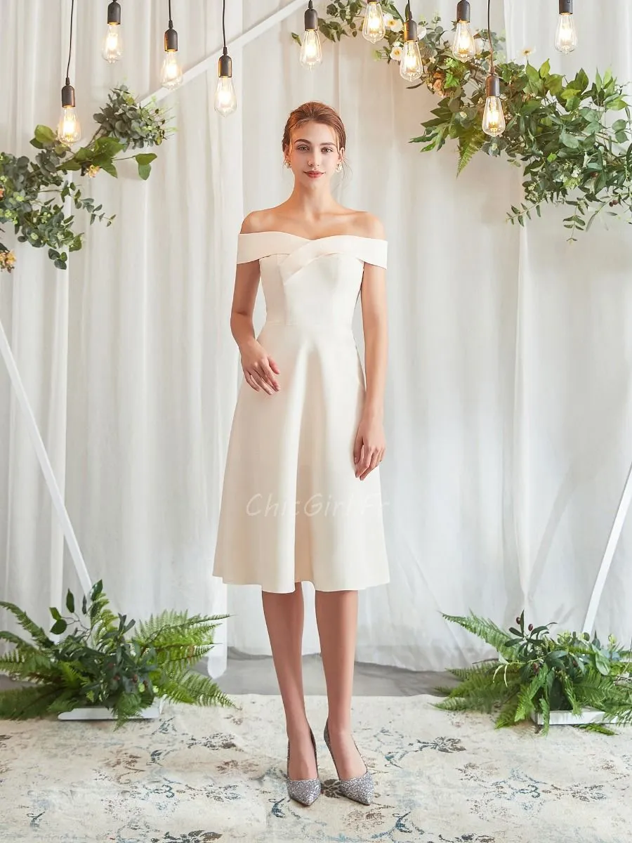 Robe De Mariée Civile Courte Crème Col Bardot Simple