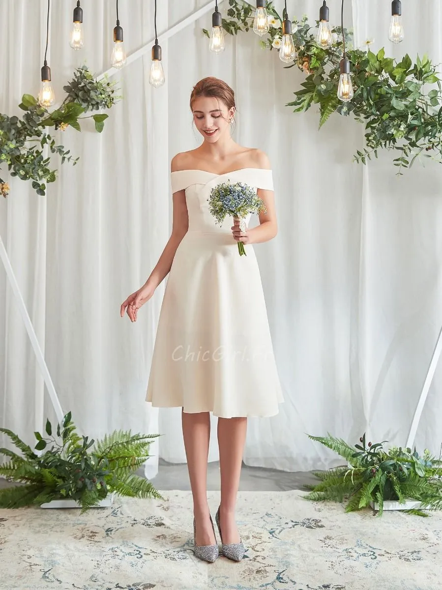 Robe De Mariée Civile Courte Crème Col Bardot Simple