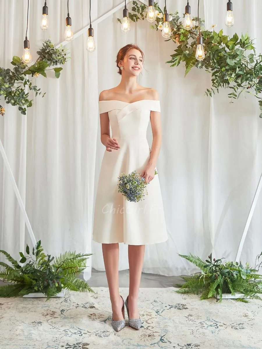 Robe De Mariée Civile Courte Crème Col Bardot Simple