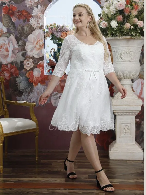 Robe De Mariée Civile Grande Taille Courte Dentelle Avec Manche