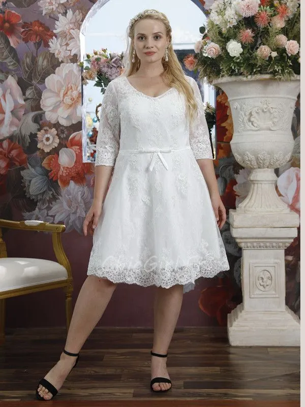 Robe De Mariée Civile Grande Taille Courte Dentelle Avec Manche