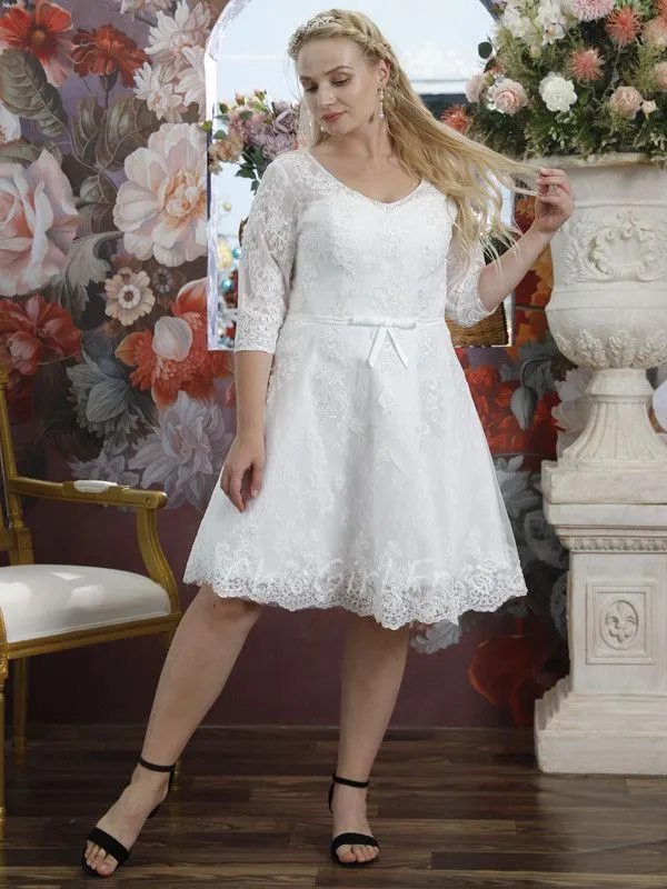 Robe De Mariée Civile Grande Taille Courte Dentelle Avec Manche