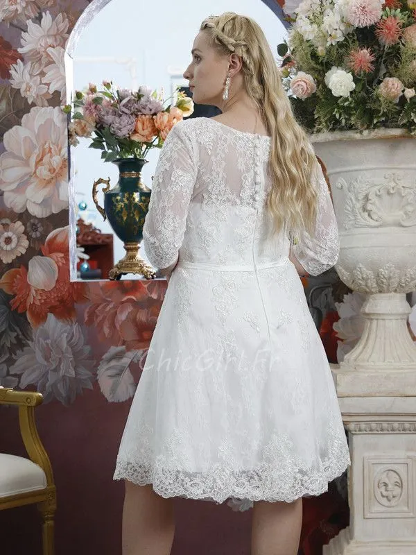 Robe De Mariée Civile Grande Taille Courte Dentelle Avec Manche