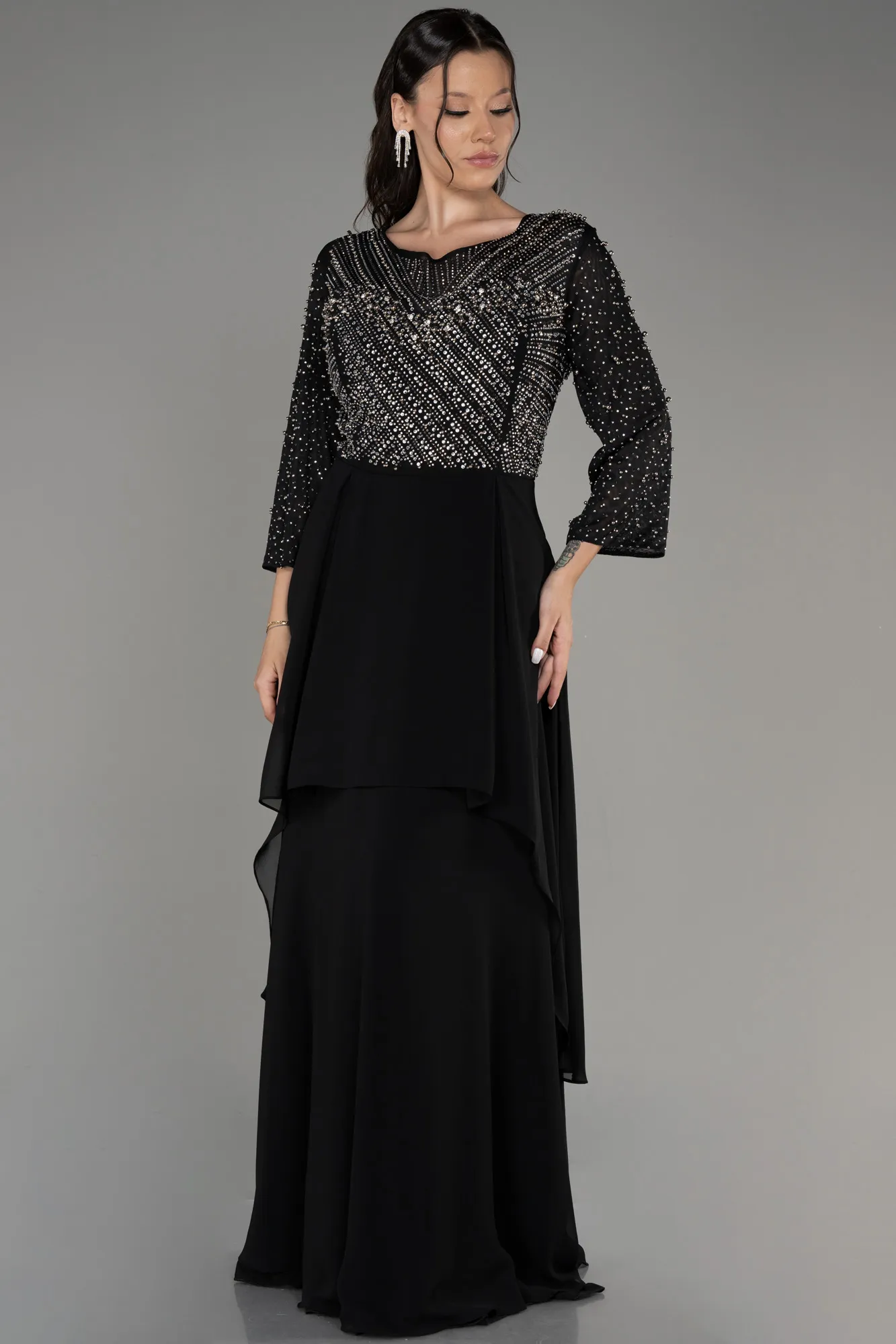 Robe De Soirée Grande Taille Longue Mousseline Noir ABU4018