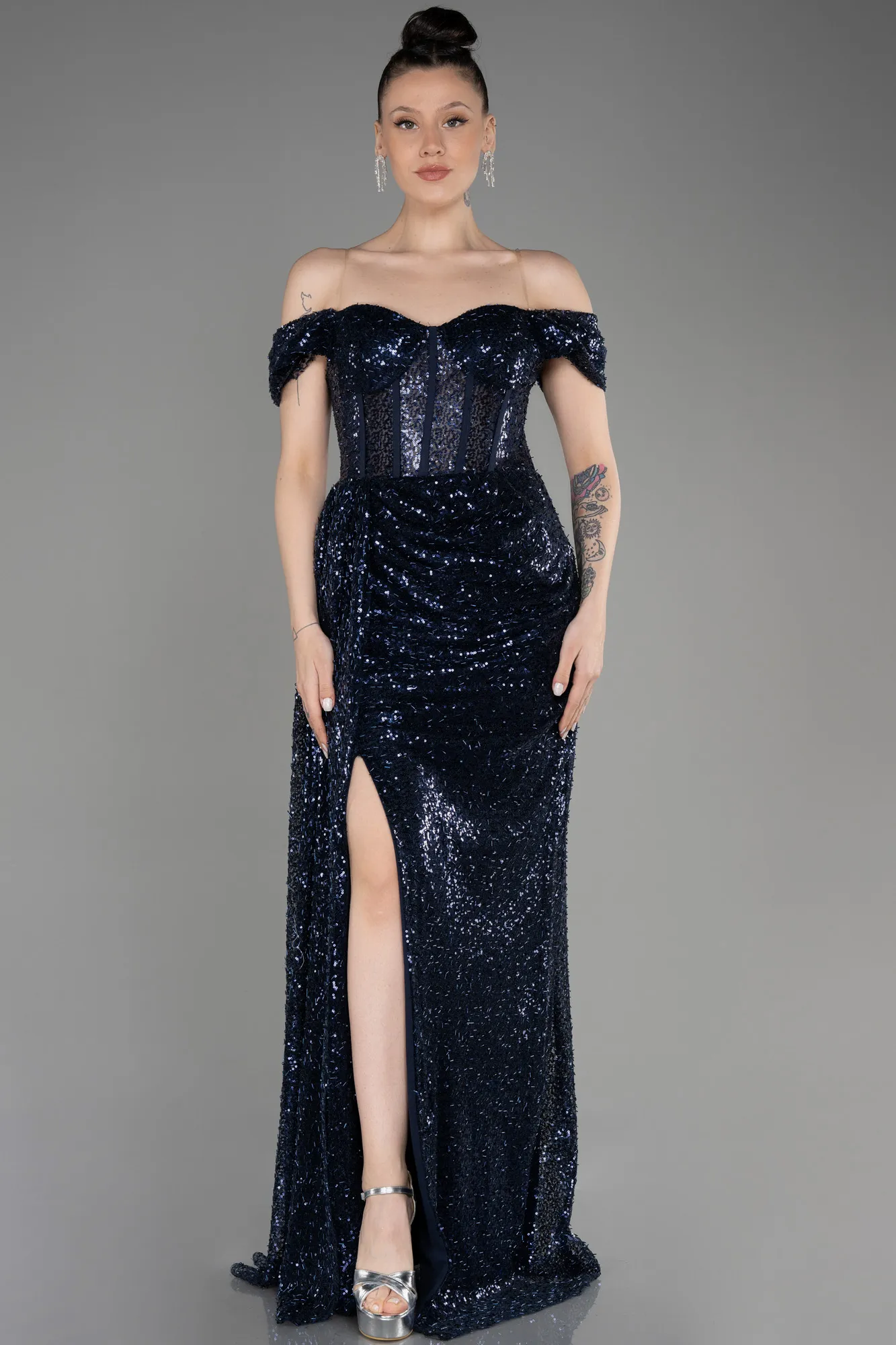 Robe de Soirée Longue Squameuse Bleu Marine ABU3794