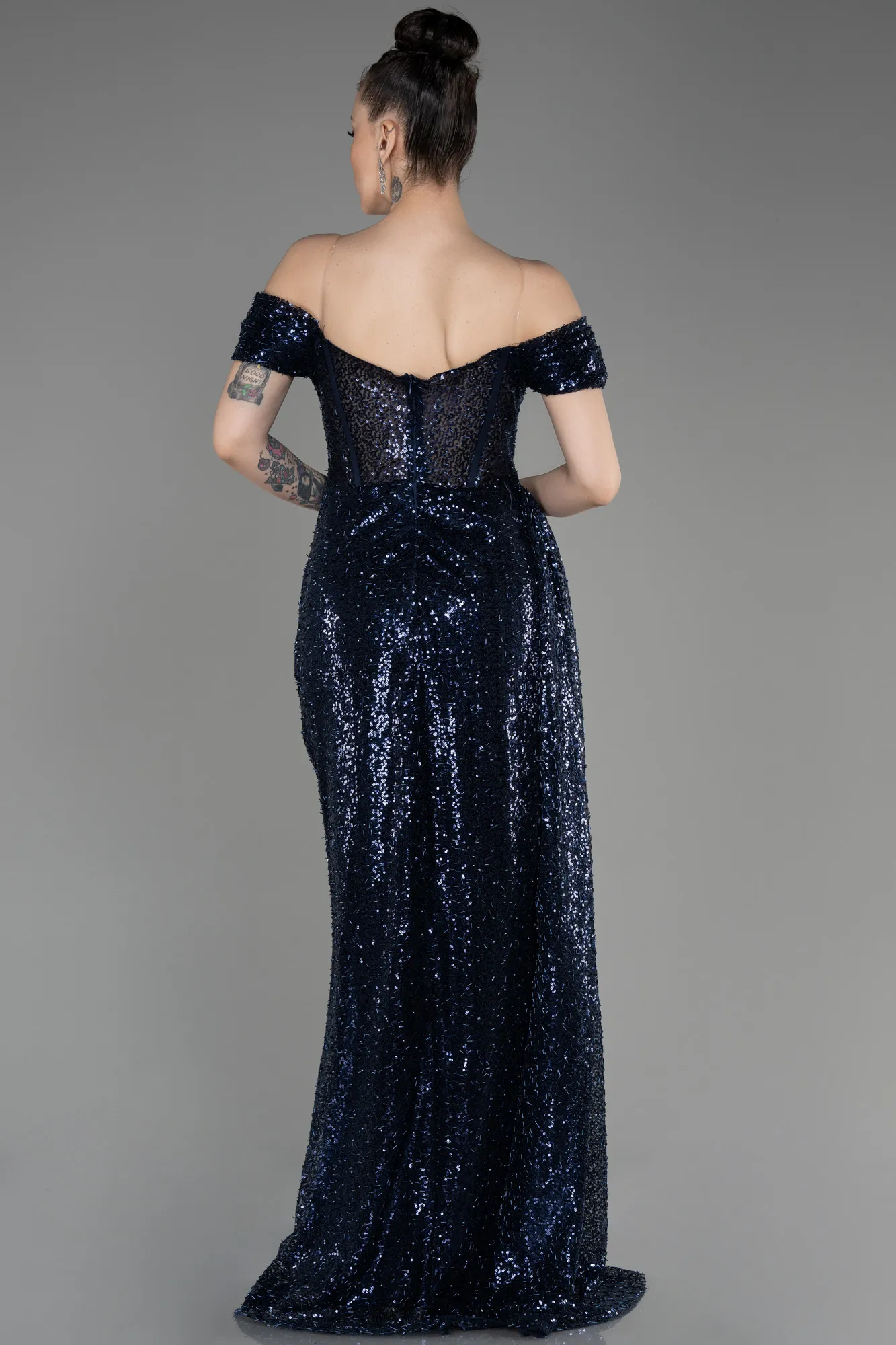 Robe de Soirée Longue Squameuse Bleu Marine ABU3794