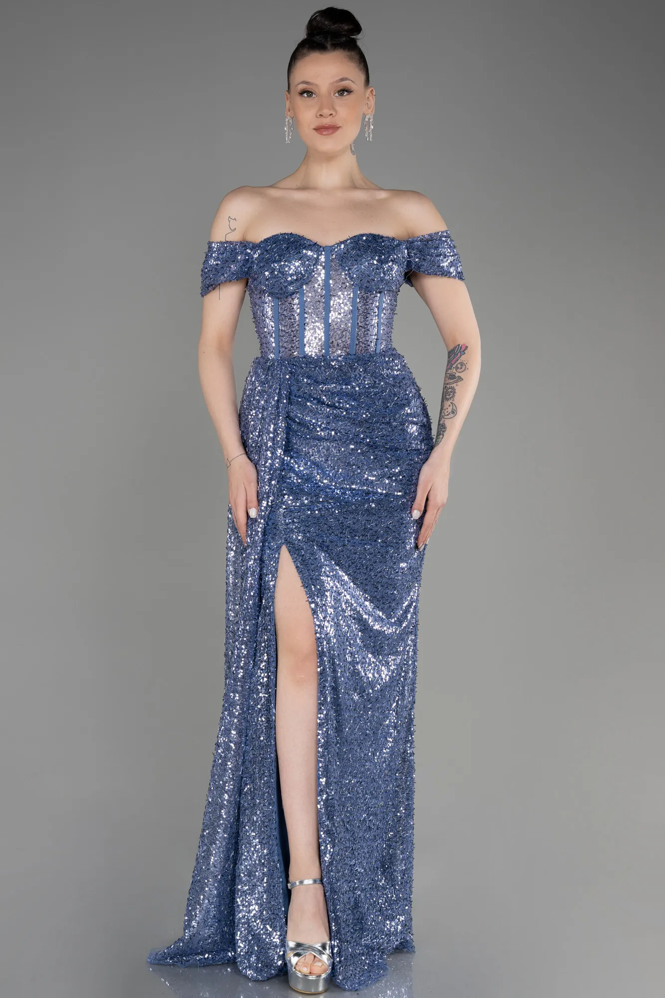 Robe de Soirée Longue Squameuse Bleu Marine ABU3794