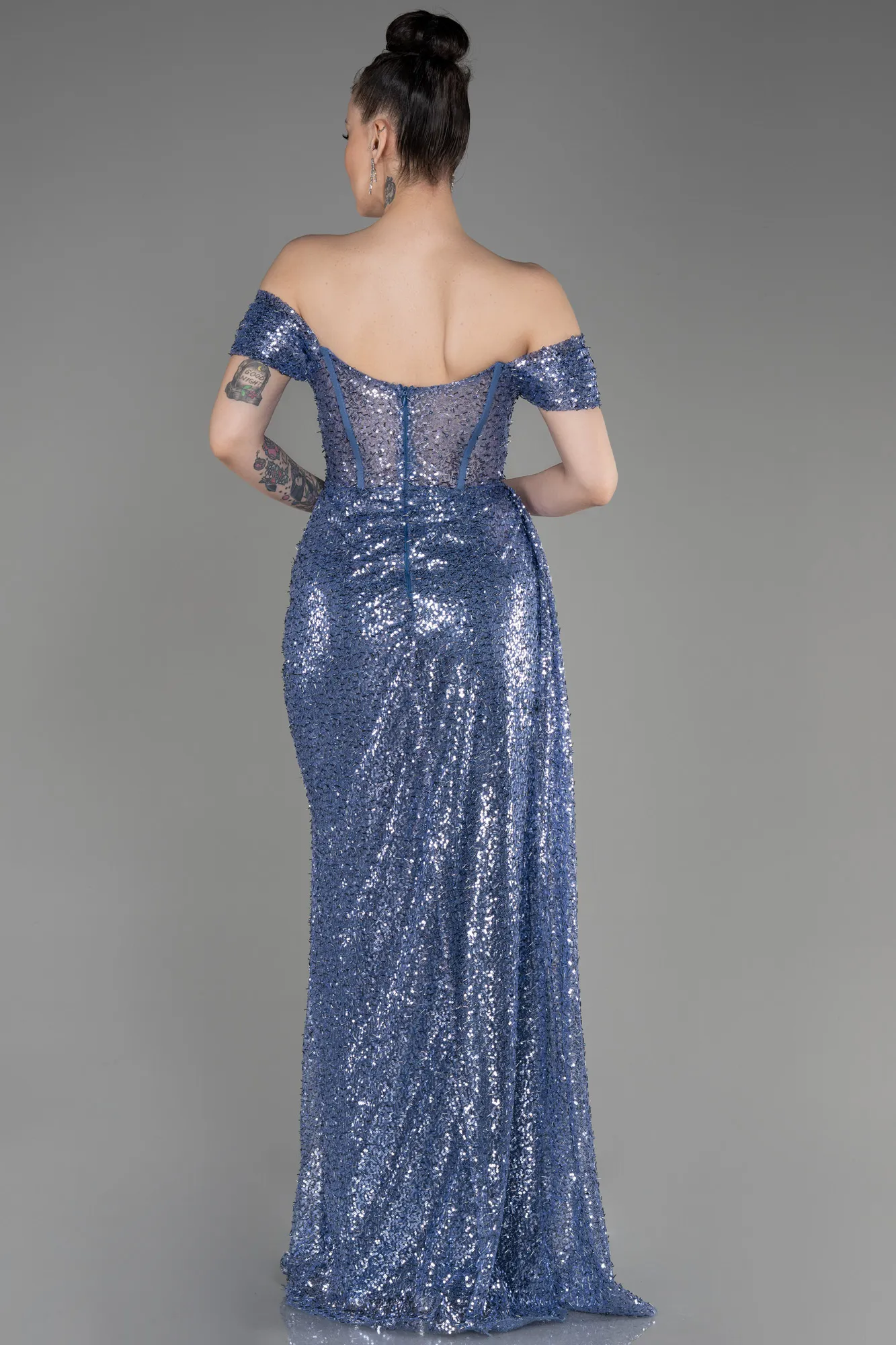 Robe de Soirée Longue Squameuse Bleu Marine ABU3794