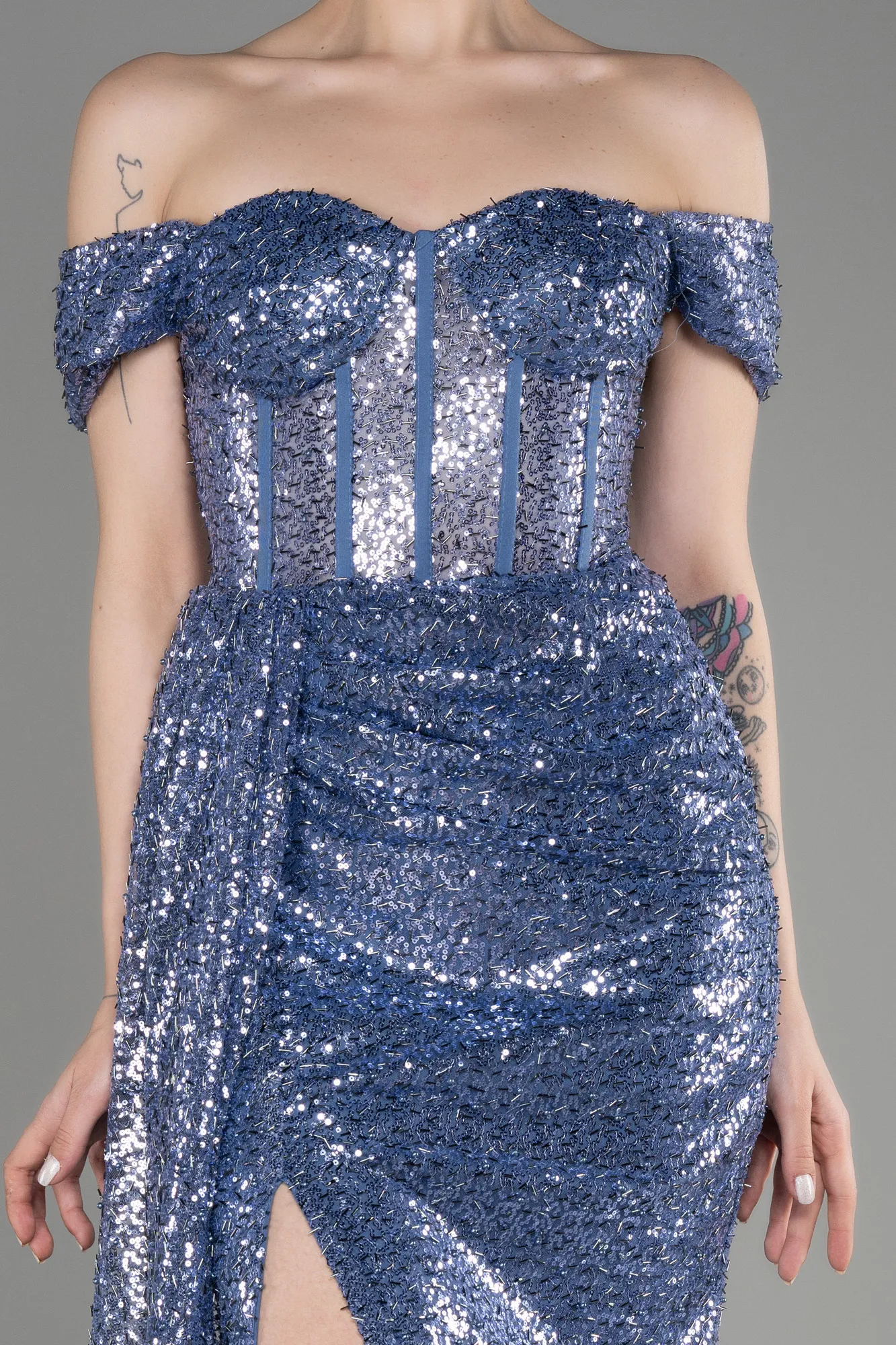 Robe de Soirée Longue Squameuse Bleu Marine ABU3794