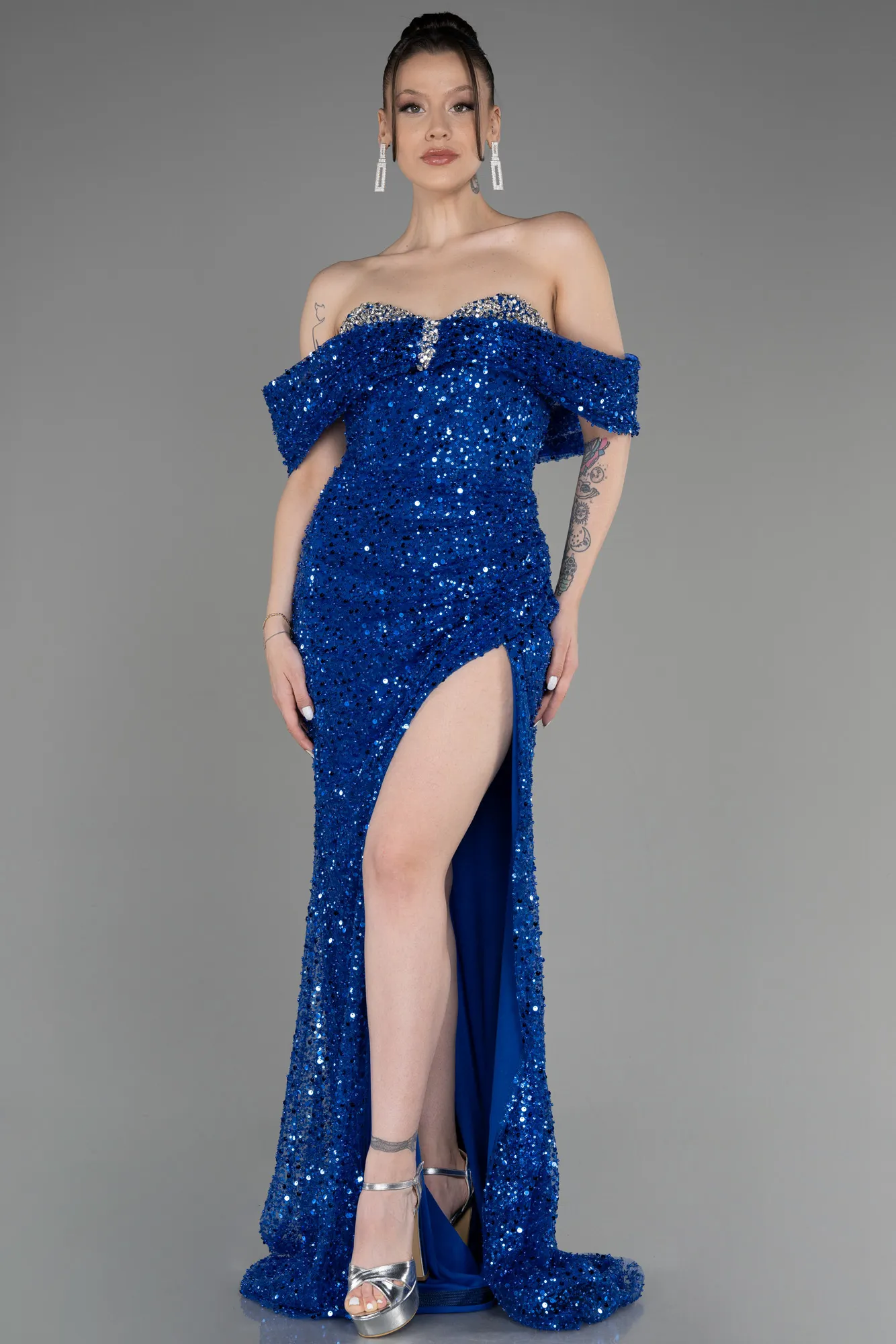 Robe de Soirée Longue Squameuse Bleu Saxe ABU3864