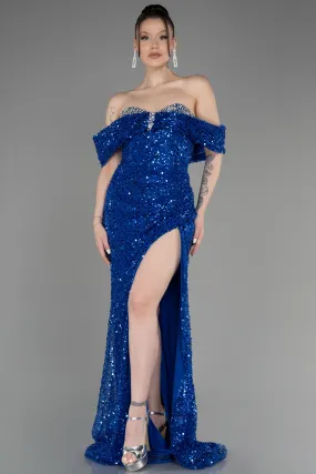 Robe de Soirée Longue Squameuse Bleu Saxe ABU3864