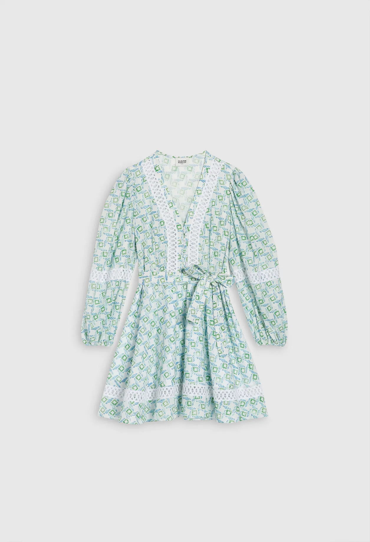 Robe imprimée bleue à galons de dentelle | Claudie FR