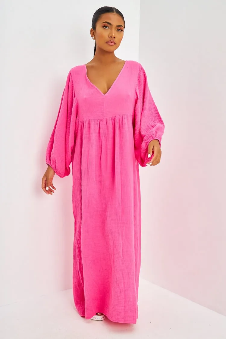 Robe longue ample en gaze de coton rose