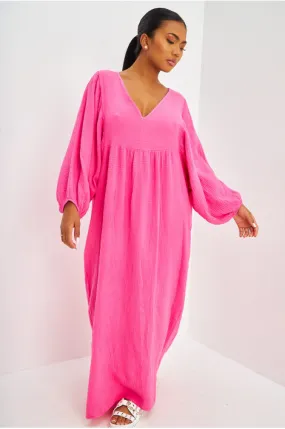 Robe longue ample en gaze de coton rose