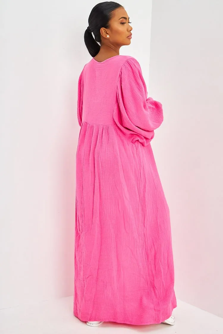 Robe longue ample en gaze de coton rose