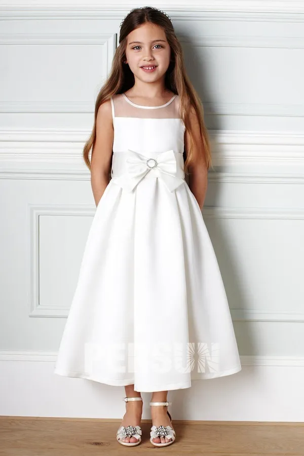 Robe mariage enfant longue en satin à nœud papillon