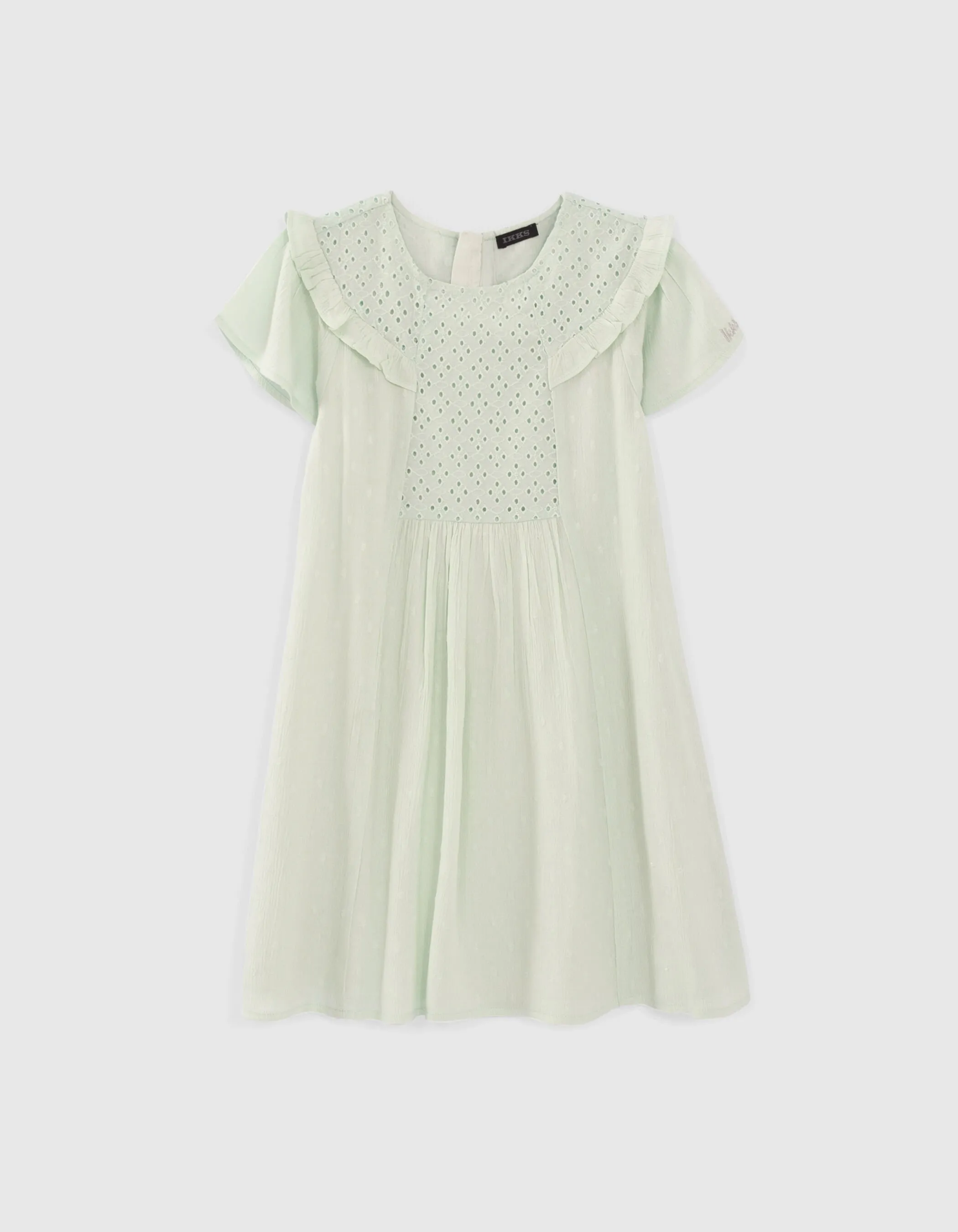 Robe vert d'eau plastron broderie anglaise fille