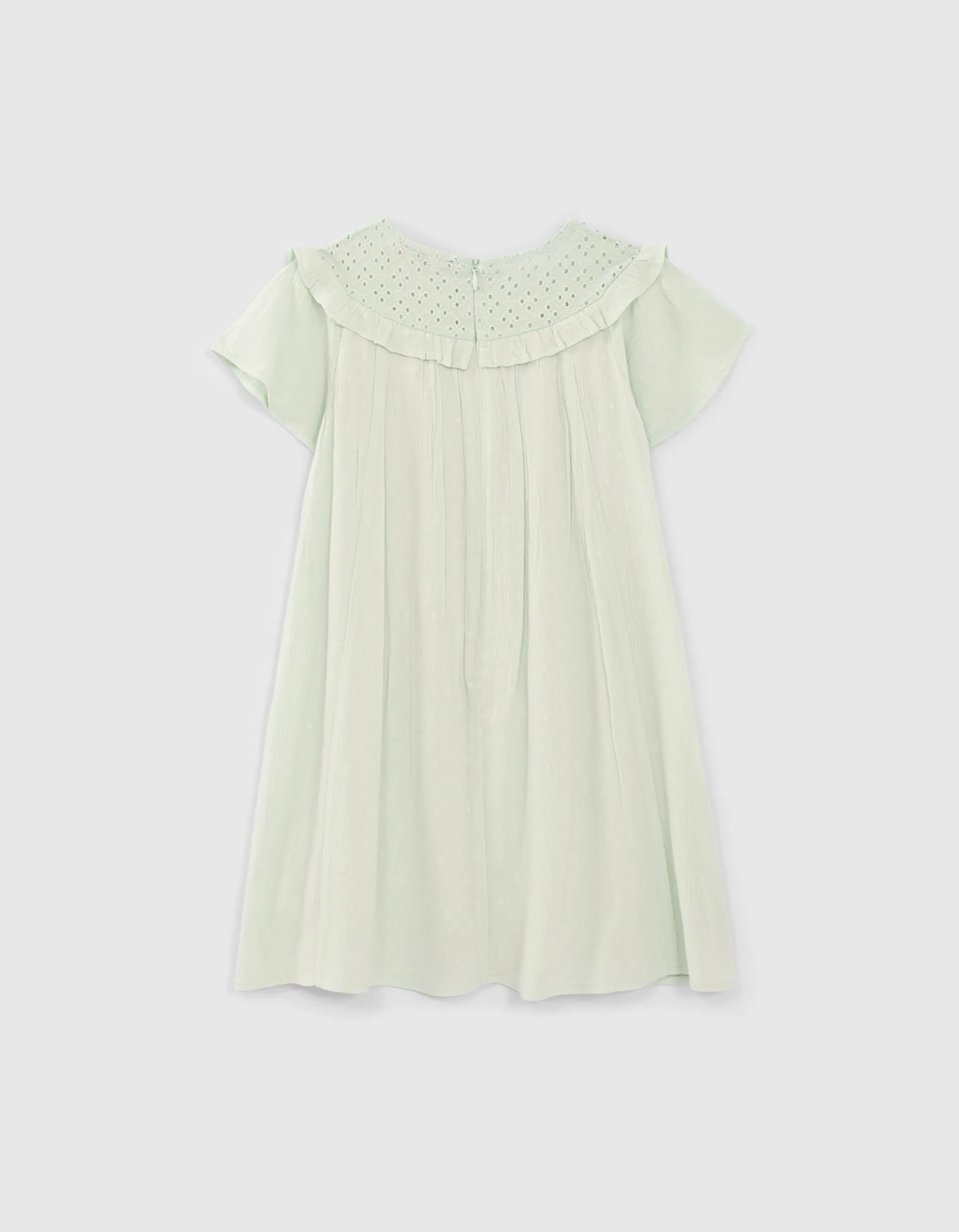 Robe vert d'eau plastron broderie anglaise fille