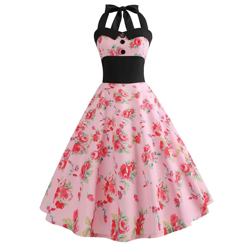 Robe Vintage Pin-Up Rose Fleurs