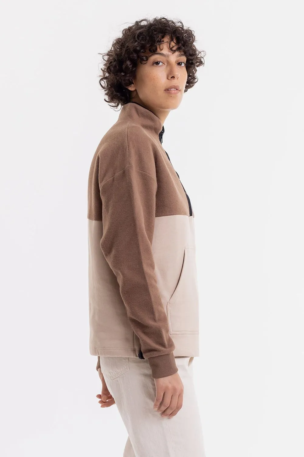 Sweat bicolore col zippé en coton bio - divided half zip sweatshirt-oatmeal/chestnut femme